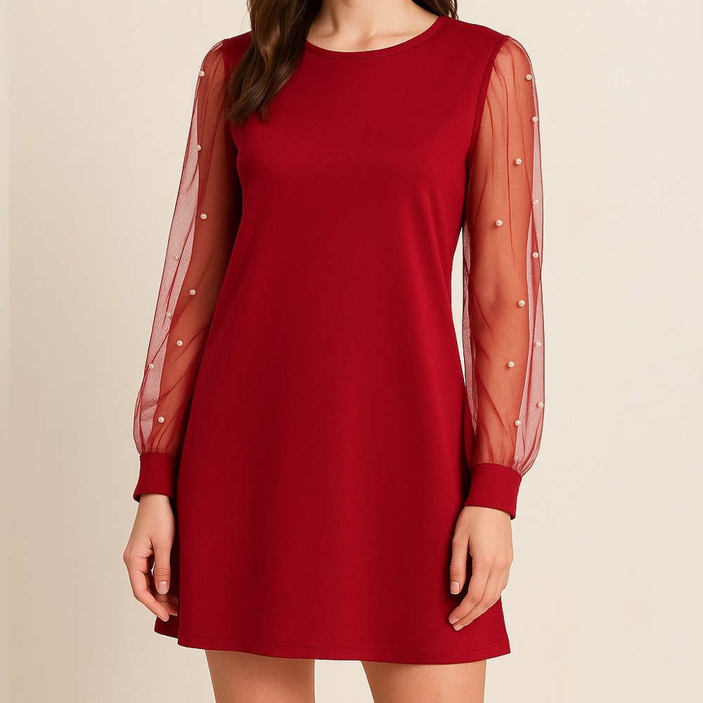 Red Pearl Mesh Sleeve Mini Dress Women’s Size Medium